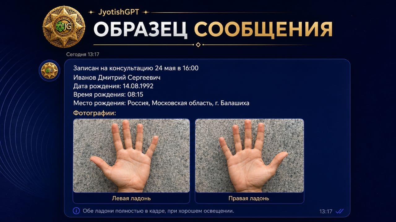 Пример сообщения с фотографиями левой и правой ладони для разбора